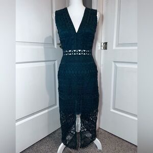 Two Sisters The Label Forest Green Crochet Lace Midi Dress V Neck USA 4